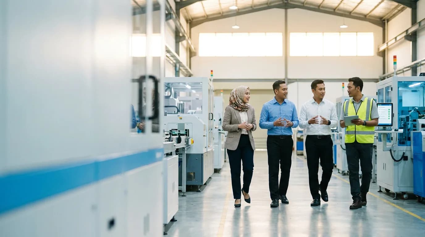 Konsultan Verse Consulting meninjau lantai produksi bersama tim klien